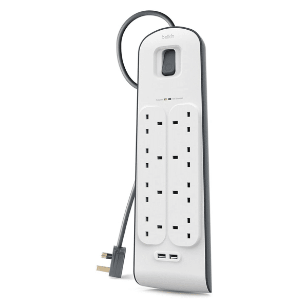 , Belkin 8 Way Surge Protection Strip with 2.4 Amp USB Charging &#8211; 2M Cord