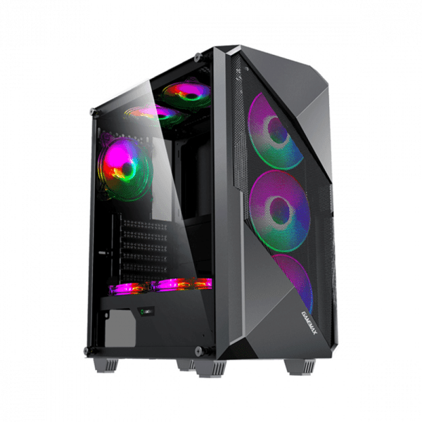 , GameMax Revolt ATX Mid Tower Tempered Glass Side Panel Case with 4 ARGB Fans &#8211; Black