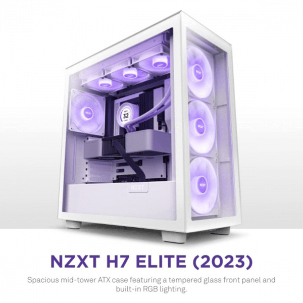 , NZXT H7 Elite Premium ATX Mid Tower Two Panel Front &amp; Left Side Tempered Glass Case with 4 RGB Fans &#8211; White