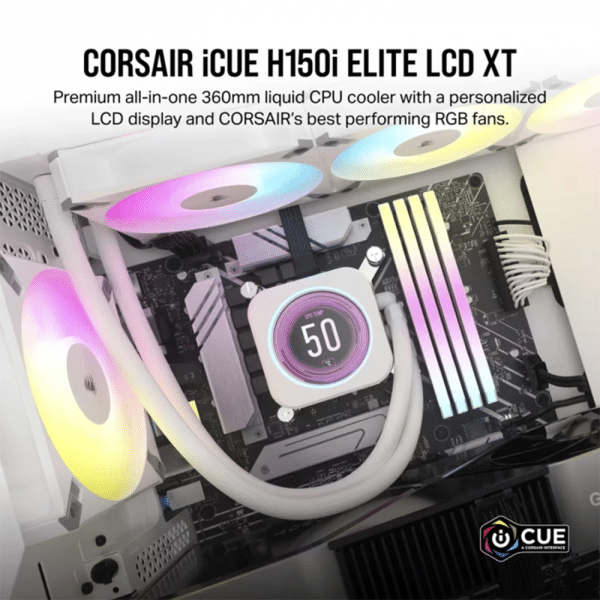 , Corsair iCUE H150i Elite LCD XT Liquid CPU Cooler &#8211; IPS LCD Screen &#8211; Three AF120 RGB Elite Fans &#8211; 360mm Radiator