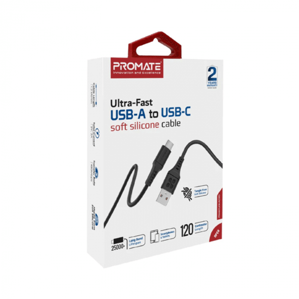 , Promate PowerLink-AC120 Ultra-Fast USB-A to USB-C Soft Silicone Cable