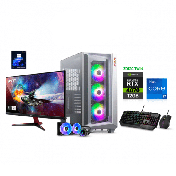 , Gaming PC i7-13700, TUF Gaming B760M-PLUS WIFI D5, 32GB RAM DDR5 (5200), 1TB SSD NVME, ZOTAC TWIN RTX 4070 12GB VGA, 850 Watt GOLD PSU, AZZA L240 Liquid Cooler, XPG Cruiser Case, Win 11 Pro, Acer Nitro VG271 Monitor, Cooler Master Devastator 3 RGB Combo