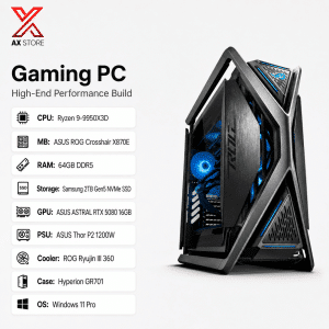 AX Store Gaming PC with Ryzen 9 9950X3D, ASUS ASTRAL RTX 5080 16GB, 64GB DDR5 RAM, Samsung 2TB Gen5 NVMe SSD, ROG Ryujin III 360 cooling, and Windows 11 Pro
