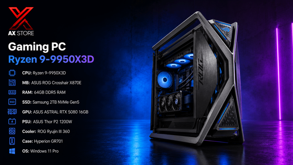 AX Store Gaming PC with Ryzen 9 9950X3D, ASUS ASTRAL RTX 5080 16GB, 64GB DDR5 RAM, Samsung 2TB Gen5 NVMe SSD, ROG Ryujin III 360 cooling, and Windows 11 Pro
