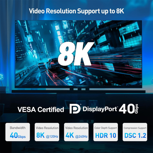 Cable Matters [VESA Certified] DisplayPort 2.1 Cable 2m, Support 40Gbps DP40 8K 120Hz, 4K 144Hz with FreeSync, G-SYNC and HDR for Gaming Monitor - AX Store Kuwait