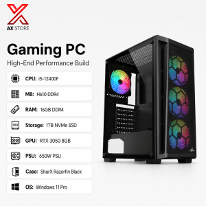AX Store Gaming PC with i5-12400F, RTX 3050 8GB, 16GB DDR4 RAM, 1TB NVMe SSD, SharX Razorfin Black Case, and Windows 11 Pro
