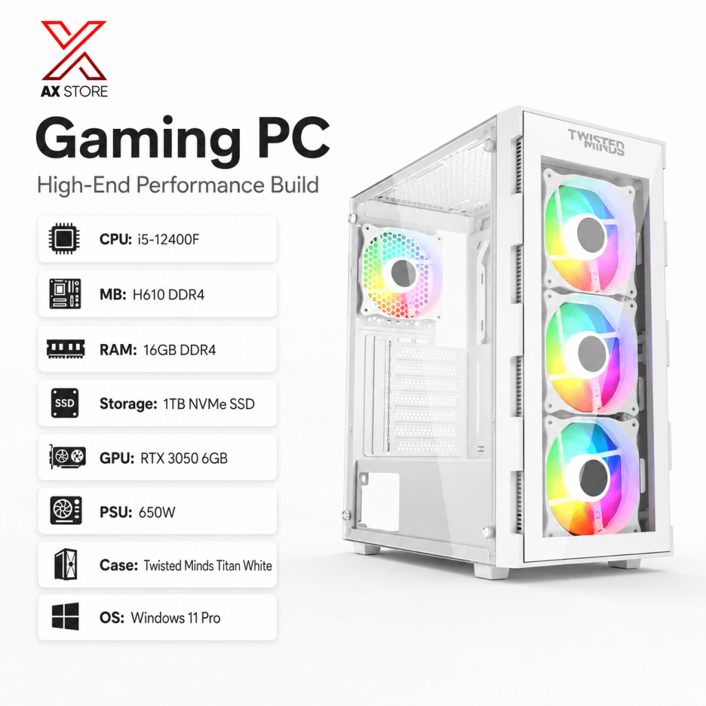 RTX 3050 6GB Gaming PC – i5-12400F – Twisted Minds Titan White