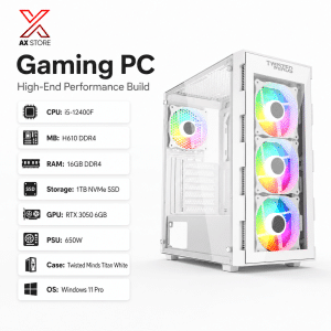 AX Store Gaming PC with i5-12400F, RTX 3050 6GB, 16GB DDR4 RAM, 1TB NVMe SSD, Twisted Minds Titan White Case, and Windows 11 Pro