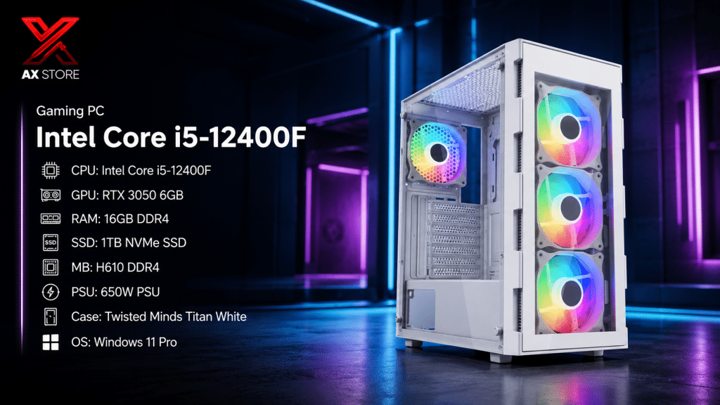 AX Store Gaming PC with i5-12400F, RTX 3050 6GB, 16GB DDR4 RAM, 1TB NVMe SSD, Twisted Minds Titan White Case, and Windows 11 Pro