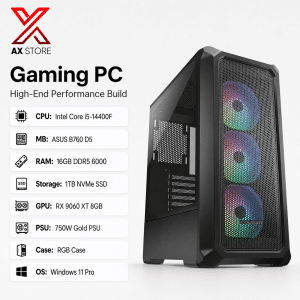 AX Store Gaming PC with Intel Core i5-14400F, RX 9060 XT 8GB, 16GB DDR5 6000 RAM, 1TB NVMe SSD, 750W Gold PSU, and Windows 11 Pro