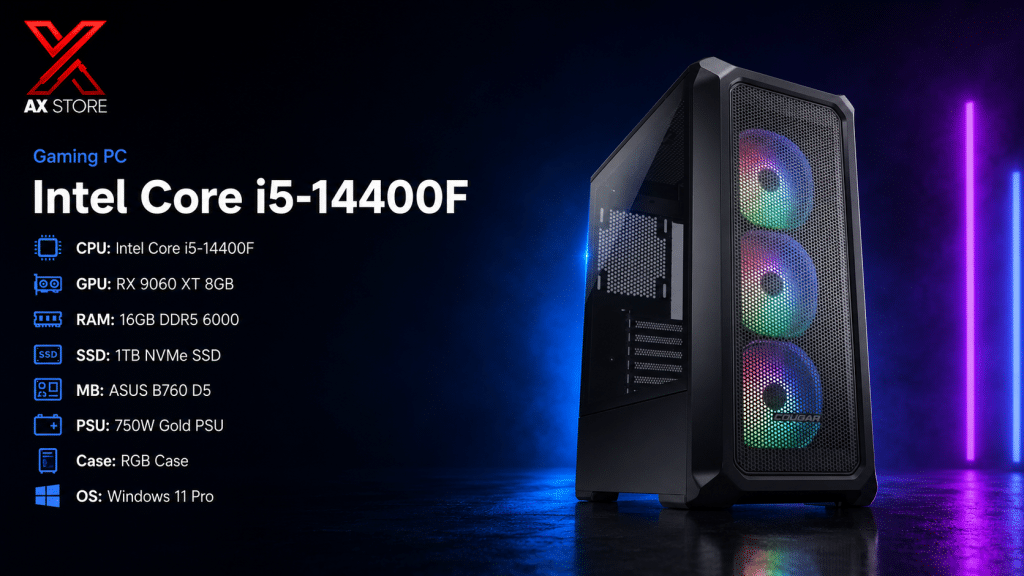 AX Store Gaming PC with i5-14400F, RX 9060 XT 8GB, 16GB DDR5 6000 RAM, 1TB NVMe SSD, Cougar Archon 2 Mesh RGB Black Case, and Windows 11 Pro