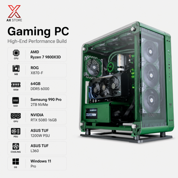Gaming PC Ryzen 7 9800X3D - ROG X870-F - 64GB DDR5 6000 - Samsung 990 Pro 2TB NVMe - RTX 5080 16GB - ASUS TUF 1200W PSU - ASUS TUF L360 - Thermaltake Core P6 TG - Windows 11 Pro - AX Store Kuwait