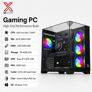 AX Store Gaming PC with Intel Core Ultra 7 265K, Zotac RTX 5070 12GB, 32GB DDR5 6000 RAM, 2TB NVMe SSD, GameOn L360 liquid cooling, and Windows 11 Pro