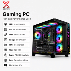 AX Store Gaming PC with Ryzen 7 7800X3D, RTX 5070 12GB, 32GB DDR5 6000 RAM, 2TB NVMe SSD, AZZA L360 liquid cooling, and Windows 11 Pro
