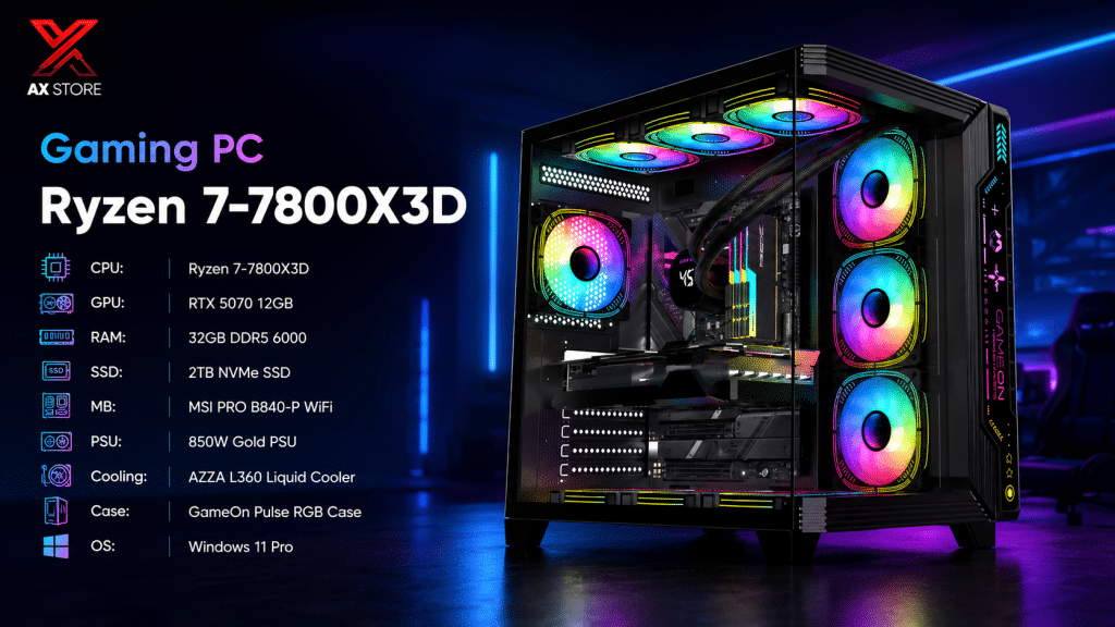 AX Store Gaming PC with Ryzen 7 7800X3D, RTX 5070 12GB, 32GB DDR5 6000 RAM, 2TB NVMe SSD, AZZA L360 liquid cooling, and Windows 11 Pro