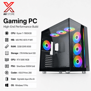 AX Store Gaming PC with Ryzen 7 7800X3D, RTX 5080 16GB, 32GB DDR5 6000 RAM, 2TB NVMe Gen4 SSD, ASUS Prime L360 cooling, and Windows 11 Pro