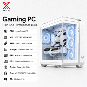 AX Store Gaming PC with Ryzen 7 9800X3D, RTX 5070 Ti 16GB White, 32GB DDR5 6000 White RAM, 2TB NVMe Gen4 SSD, Cougar L360 White cooling, and Windows 11 Pro