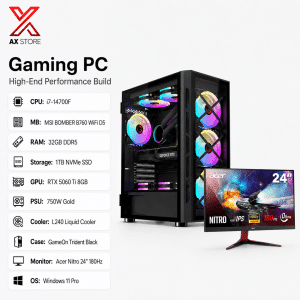 AX Store Gaming PC with i7-14700F, RTX 5060 Ti 8GB, 32GB DDR5 RAM, 1TB NVMe SSD, L240 liquid cooling, Acer Nitro 24-inch 180Hz monitor, and Windows 11 Pro