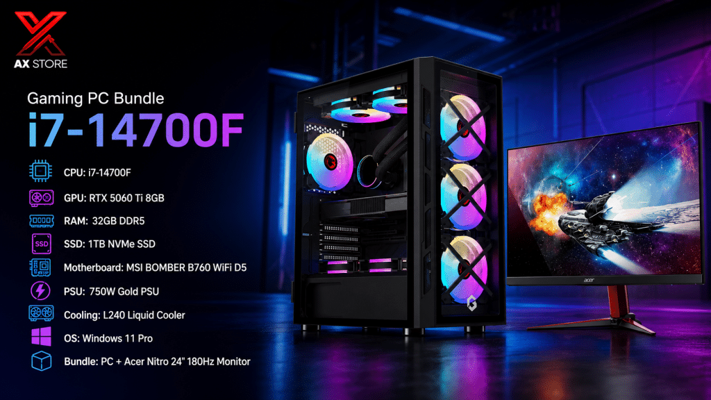 AX Store Gaming PC with i7-14700F, RTX 5060 Ti 8GB, 32GB DDR5 RAM, 1TB NVMe SSD, L240 liquid cooling, Acer Nitro 24-inch 180Hz monitor, and Windows 11 Pro