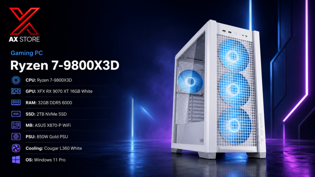 AX Store Gaming PC with Ryzen 7 9800X3D, XFX RX 9070 XT 16GB White, 32GB DDR5 6000 RAM, 2TB NVMe SSD, Cougar L360 White cooling, and Windows 11 Pro