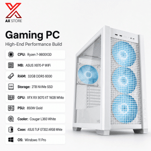 AX Store Gaming PC with Ryzen 7 9800X3D, XFX RX 9070 XT 16GB White, 32GB DDR5 6000 RAM, 2TB NVMe SSD, Cougar L360 White cooling, and Windows 11 Pro