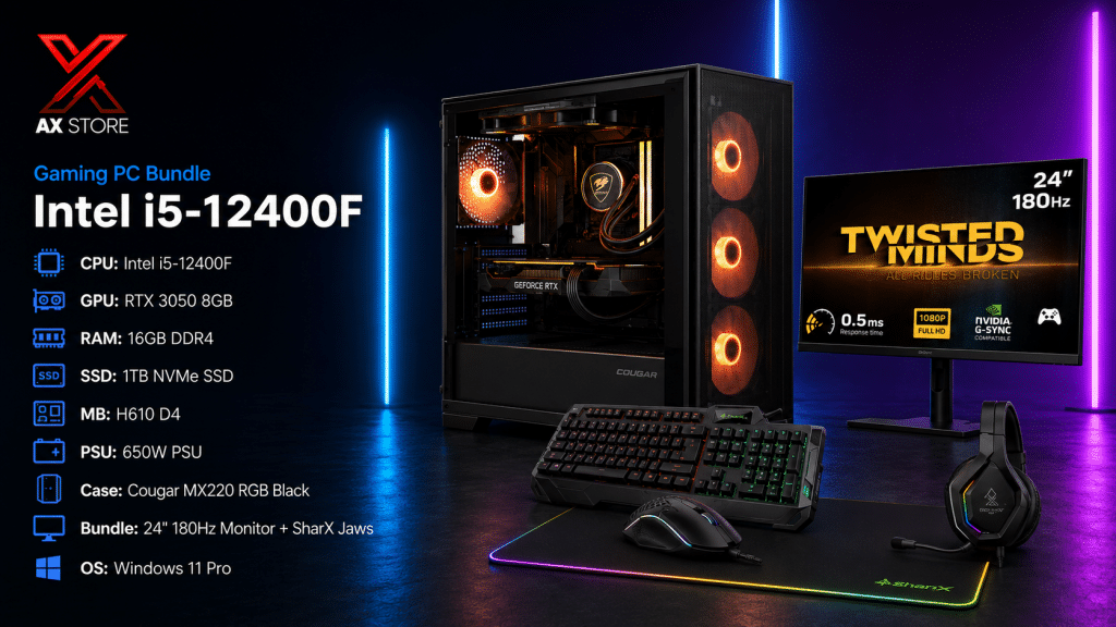 AX Store Gaming PC bundle with i5-12400F, RTX 3050 8GB, 16GB DDR4 RAM, 1TB NVMe SSD, Twisted Minds 24-inch 180Hz monitor, and Windows 11 Pro