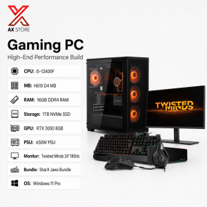 AX Store Gaming PC bundle with i5-12400F, RTX 3050 8GB, 16GB DDR4 RAM, 1TB NVMe SSD, Twisted Minds 24-inch 180Hz monitor, and Windows 11 Pro