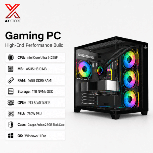 AX Store Gaming PC with i7-14700F, RTX 5070 12GB, 32GB DDR5 6000 RAM, 1TB NVMe SSD, AZZA L240 Black cooling, and Windows 11 Pro