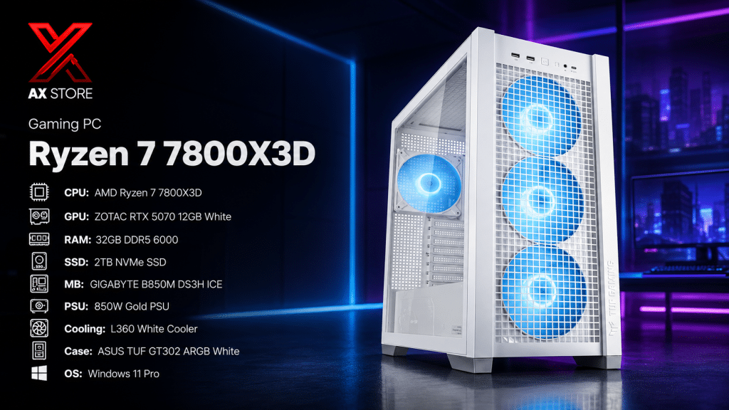 AX Store Gaming PC with Ryzen 7 7800X3D, ZOTAC RTX 5070 12GB White, 32GB DDR5 6000 RAM, 2TB NVMe SSD, L360 White cooling, and Windows 11 Pro