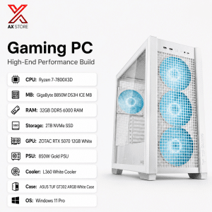 AX Store Gaming PC with Ryzen 7 7800X3D, ZOTAC RTX 5070 12GB White, 32GB DDR5 6000 RAM, 2TB NVMe SSD, L360 White cooling, and Windows 11 Pro