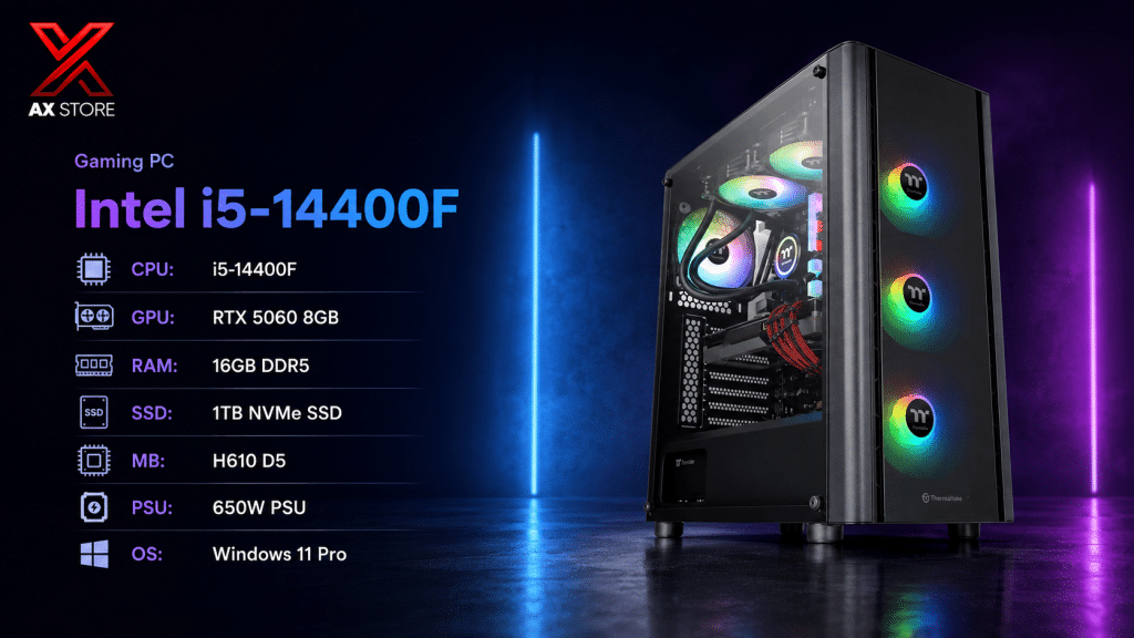 AX Store Gaming PC with i5-14400F, RTX 5060 8GB, 16GB DDR5 RAM, 1TB NVMe SSD, Thermaltake V250 TG Black Case, and Windows 11 Pro
