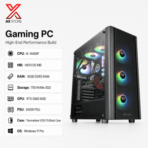 AX Store Gaming PC with i5-14400F, RTX 5060 8GB, 16GB DDR5 RAM, 1TB NVMe SSD, Thermaltake V250 TG Black Case, and Windows 11 Pro