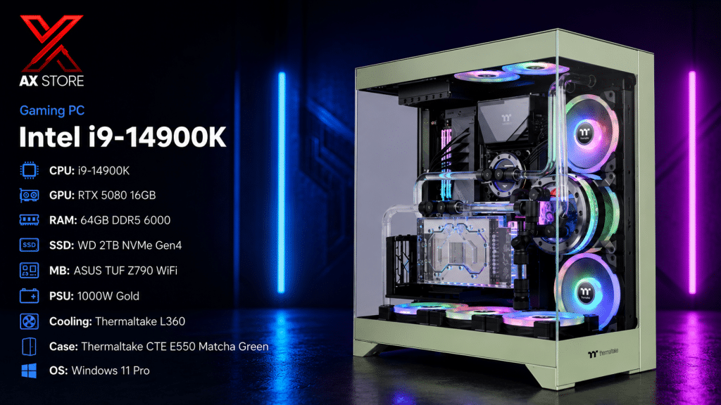 AX Store Gaming PC with Intel i9-14900K, RTX 5080 16GB, 32GB DDR5 6000 RAM, 2TB NVMe Gen4 SSD, Thermaltake L360 liquid cooling, and Windows 11 Pro