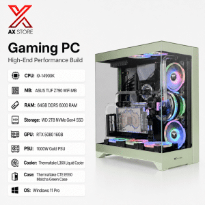 AX Store Gaming PC with Intel i9-14900K, RTX 5080 16GB, 64GB DDR5 6000 RAM, WD 2TB NVMe Gen4 SSD, Thermaltake L360 liquid cooling, and Windows 11 Pro
