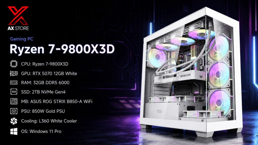 AX Store Gaming PC with Ryzen 7 9800X3D, RTX 5070 12GB White, 32GB DDR5 6000 RAM, 2TB NVMe Gen4 SSD, L360 White cooling, and Windows 11 Pro