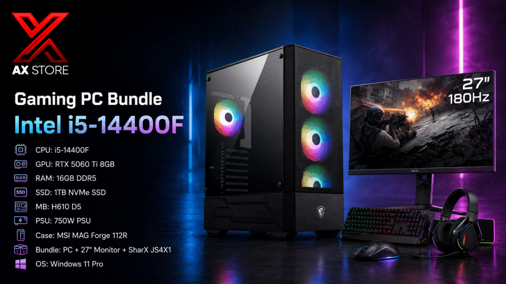 AX Store Gaming PC bundle with i5-14400F, RTX 5060 Ti 8GB, 16GB DDR5 RAM, 1TB NVMe SSD, GAMEON 27-inch 180Hz monitor, and Windows 11 Pro