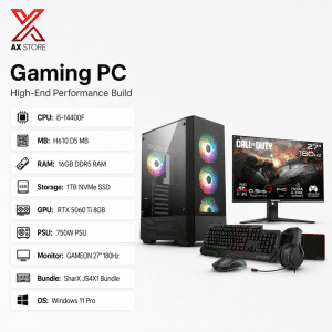 AX Store Gaming PC bundle with i5-14400F, RTX 5060 Ti 8GB, 16GB DDR5 RAM, 1TB NVMe SSD, GAMEON 27-inch 180Hz monitor, and Windows 11 Pro