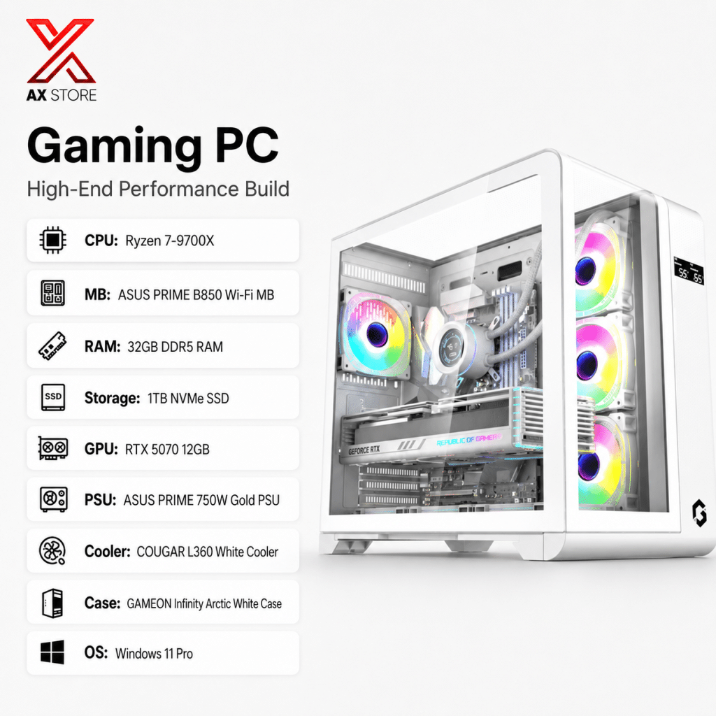RTX 5070 Gaming PC – Ryzen 7 9700X – GameOn Infinity Arctic White