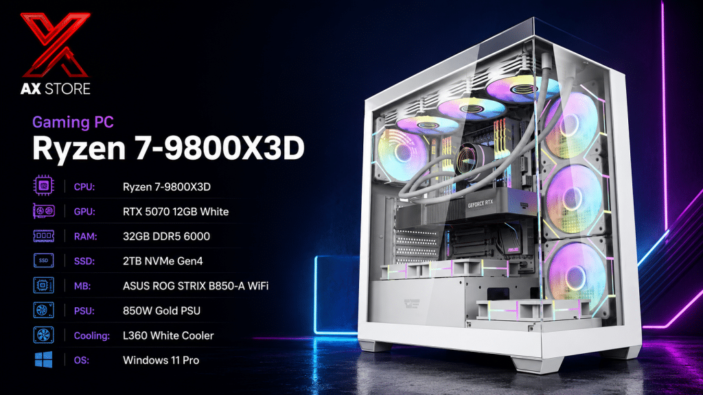 AX Store Gaming PC with Ryzen 7 9700X, RTX 5070 12GB, 32GB DDR5 RAM, 1TB NVMe SSD, COUGAR L360 White cooling, and Windows 11 Pro