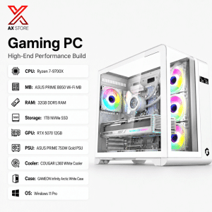AX Store Gaming PC with Ryzen 7 9700X, RTX 5070 12GB, 32GB DDR5 RAM, 1TB NVMe SSD, COUGAR L360 White cooling, and Windows 11 Pro