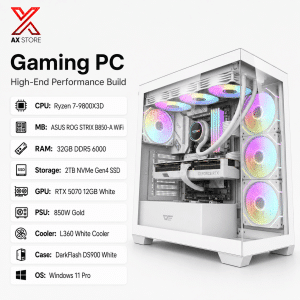 AX Store Gaming PC with Ryzen 7 9800X3D, RTX 5070 12GB White, 32GB DDR5 6000 RAM, 2TB NVMe Gen4 SSD, L360 White cooling, and Windows 11 Pro
