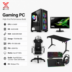 AX Store Gaming PC bundle with i5-12400F, RTX 3050 6GB, 16GB DDR4 RAM, 1TB NVMe SSD, Acer 24-inch 144Hz monitor, desk, chair, and Windows 11 Pro