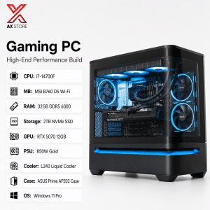 AX Store Gaming PC with Intel i7-14700F, RTX 5070 12GB, 32GB DDR5 6000 RAM, 2TB NVMe SSD, L240 liquid cooling, and Windows 11 Pro