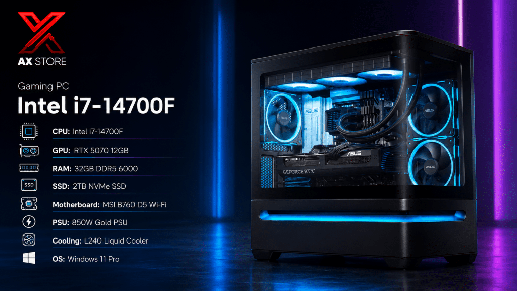 AX Store Gaming PC with Intel i7-14700F, RTX 5070 12GB, 32GB DDR5 6000 RAM, 2TB NVMe SSD, L240 liquid cooling, and Windows 11 Pro