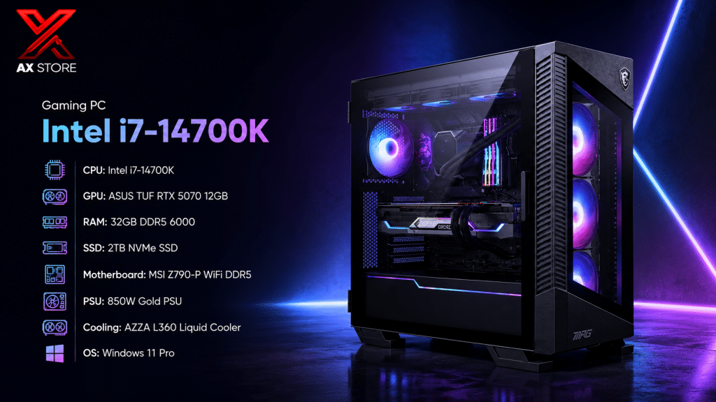 AX Store Gaming PC with Intel i7-14700K, ASUS TUF RTX 5070 12GB, 32GB DDR5 6000 RAM, 2TB NVMe SSD, AZZA L360 liquid cooling, and Windows 11 Pro