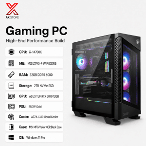 AX Store Gaming PC with Intel i7-14700K, ASUS TUF RTX 5070 12GB, 32GB DDR5 6000 RAM, 2TB NVMe SSD, AZZA L360 liquid cooling, and Windows 11 Pro