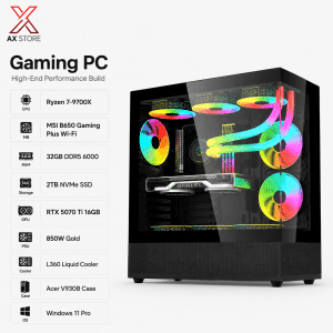 AX Store Gaming PC with Ryzen 7 9700X, RTX 5070 Ti 16GB, 32GB DDR5 6000 RAM, 2TB NVMe SSD, L360 liquid cooling, and Windows 11 Pro