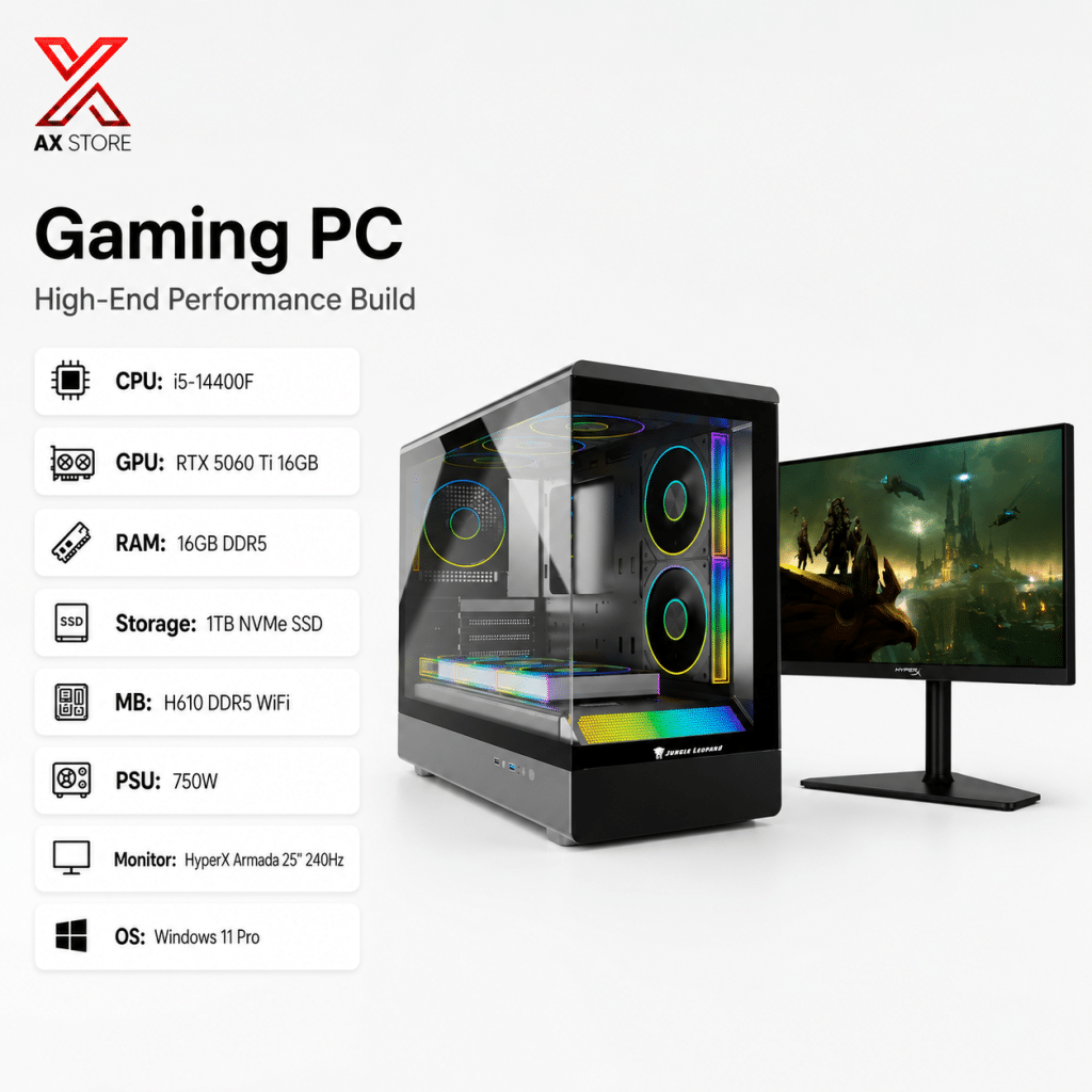 RTX 5060 Ti 16GB Gaming PC – i5-14400F – MS-01 Black + Monitor