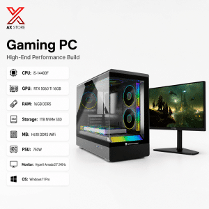 Intel Core i5-14400F – RTX 5060 Ti 16GB – 16GB DDR5 RAM – 1TB NVMe SSD – H610 DDR5 WiFi – 750W PSU – Jungle Leopard MS-01 Black Case – Windows 11 Pro + HyperX Armada 25″ FHD 240Hz Gaming Monitor - AX Store Kuwait