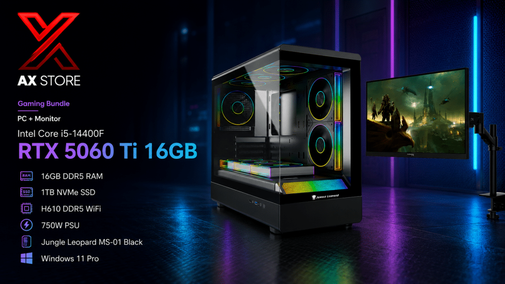 Intel Core i5-14400F – RTX 5060 Ti 16GB – 16GB DDR5 RAM – 1TB NVMe SSD – H610 DDR5 WiFi – 750W PSU – Jungle Leopard MS-01 Black Case – Windows 11 Pro + HyperX Armada 25″ FHD 240Hz Gaming Monitor - AX Store Kuwait - 5